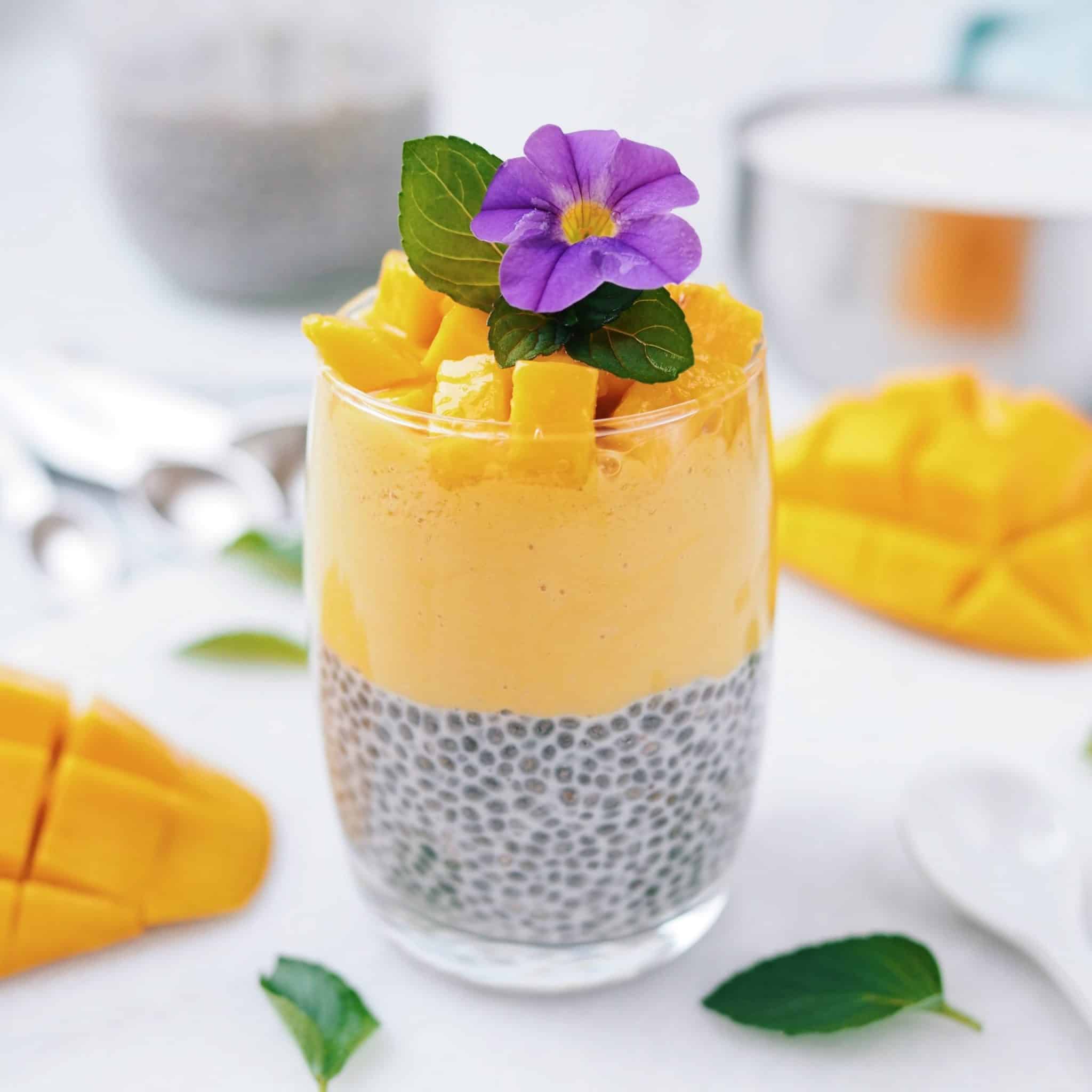 Then layer your chia pudding on the bottom of your serving glass and the mango pudding on top. Optional: you can add more fresh mangoes over top. Enjoy cold!