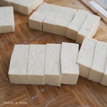 Slice extra-firm tofu into long rectangular pieces, about 2-inches long and 1-inch thick. Pat them dry with a paper towel to remove as much excess moisture as possible.