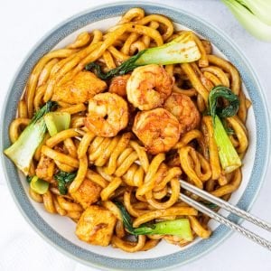 featured image of garlic shrimp udon noodles