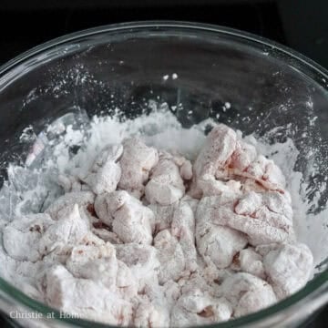 Add cornstarch to the diced chicken and evenly coat each piece. Feel free to add more cornstarch if needed. Set aside.