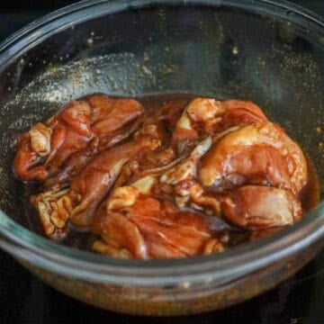 Transfer chicken thighs into a large bowl and add the above listed marinade ingredients. Massage the marinade into chicken until evenly coated and marinate for at least 15 minutes