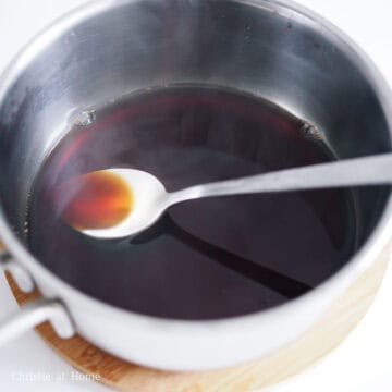 In a small pot, add cold water, brown sugar and a tied pandan leaf. Bring it a boil for 2-3 minutes while stirring until the sugar has dissolved. Remove the pandan leaf and remove off heat.