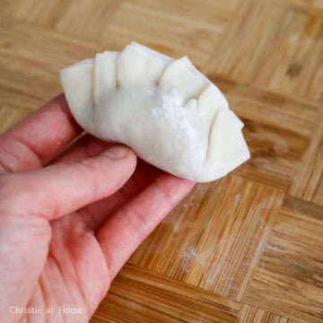 Fold the wrapper over to create a semi-circle. Fold and pinch the edges of the wrapper together. Place folded dumplings on a baking sheet lined with parchment paper and cover with paper towels or a damp towel to keep the dumplings moist.