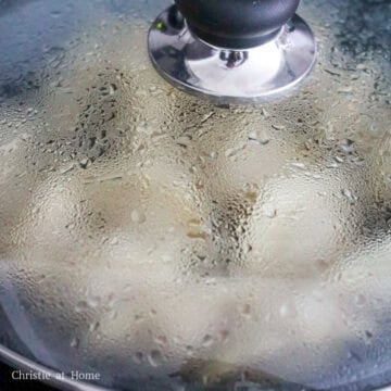 To Pan Fry: Heat 1 tablespoon vegetable in a large non-stick pan on medium heat. Place dumplings bottom side down in small batches, about 12-15 pieces per batch. Fry for 1 minute and then pour 5-mm water or just enough to cover the base of the pan, cover and cook for 7-9 minutes until the water has fully evaporated.