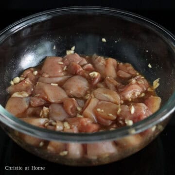 Dice chicken into 1.5-inch wide bite-sized pieces, about 6 pieces per thigh. Transfer chicken to a large bowl and marinate with marinade ingredients as listed above for at least 30 minutes.