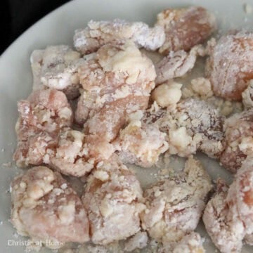 Spread potato starch on a large plate or baking sheet. With clean wet hands, generously dredge marinated chicken into the starch massaging until beads of starch form on the outside.