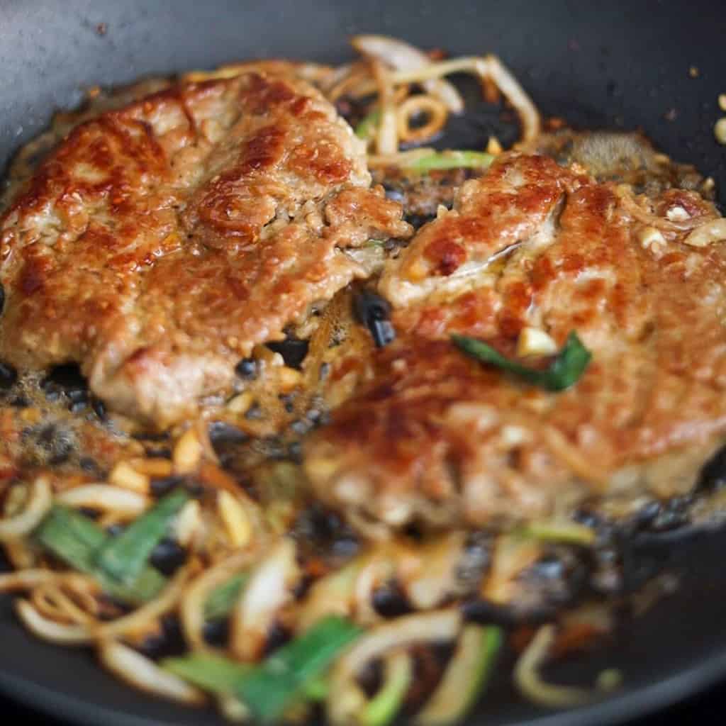 Cook pork on each side for 2-3 minutes, or until they reach an internal temperature of 140ºF with a digital instant-read thermometer. Then remove the chops from the pan, tent loosely with foil, and allow the residual heat bring them to a temperature to 145ºF. Serve as is or slice into smaller pieces. Enjoy!