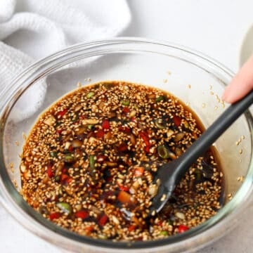 In a small container or regular-sized mason jar, combine the marinade ingredients as listed above and mix well so the honey is fully dissolved.