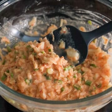 To your large bowl of kimchi, add remaining pancake batter ingredients. Mix until it's combined. Do not over mix.