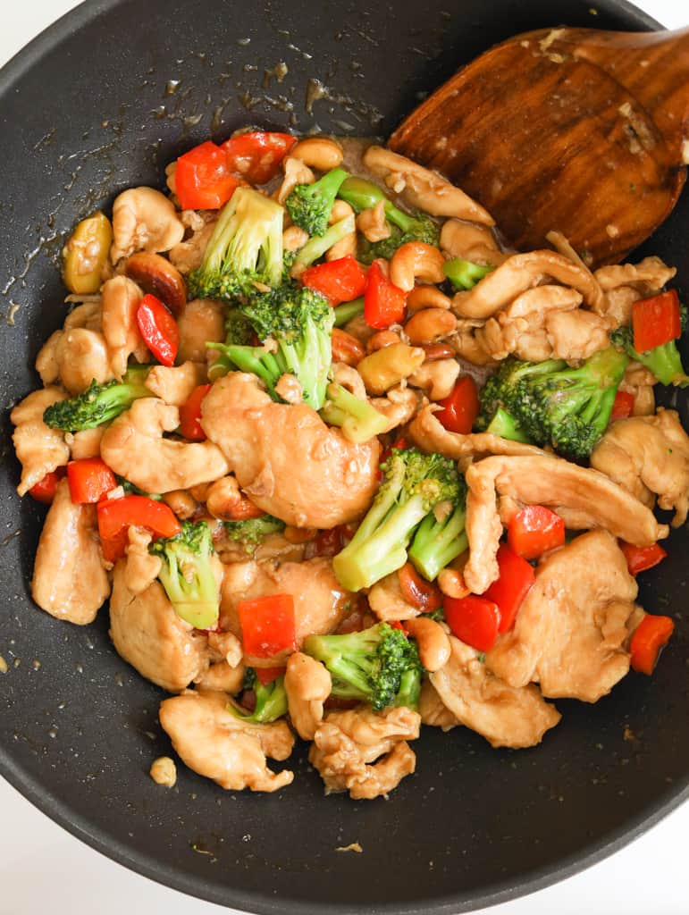 toss in chicken and cashews
