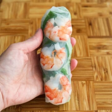 Repeat this process until you have 9 rolls. Slice them into half with a wet sharp knife. Enjoy with your homemade Vietnamese peanut sauce!