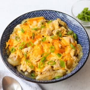 Slide everything in the pan on top of your rice. Garnish with sliced scallions