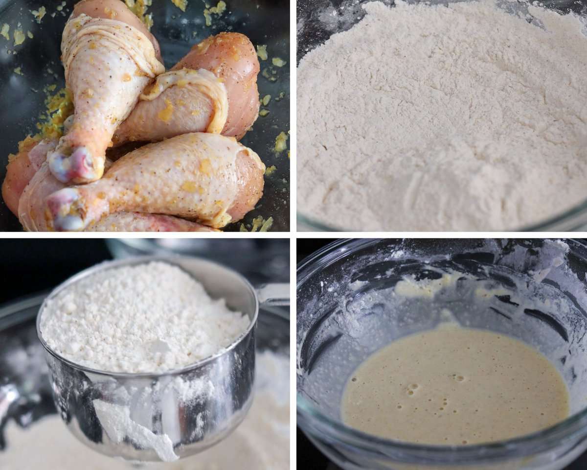 season the chicken legs and prepare the dry and wet batter.