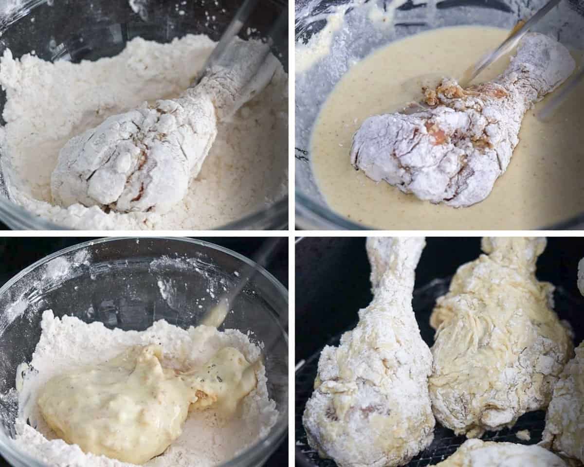 dredge the chicken leg into the dry batter first and then the wet batter and back into the dry batter.