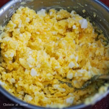 In a large bowl, mash cooked potatoes, boiled eggs, salt and Japanese mayo together until well combined. Set aside.