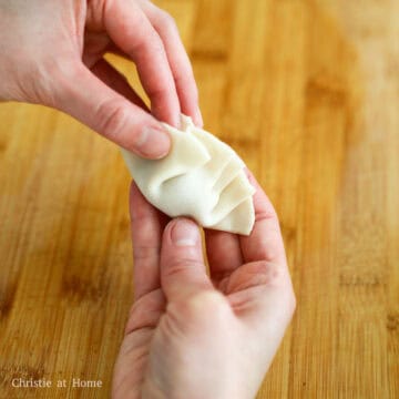 Then either fold the dumpling into a semi-circle, seal the edges with a pinch OR pleat and pinch one side to the opposite side to make a classic shaped dumpling.