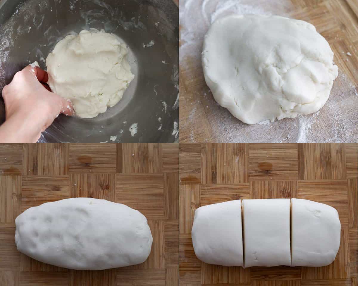 Then knead until you form a ball of dough. It may be tacky to begin with but when you knead it, it'll dry out a bit. Dust a clean working surface with enough glutinous rice flour and transfer the dough ball onto the surface. Knead the dough into a smooth ball. Then roll it into a thick log, about wide 4-inches wide x 9-inches long. Slice the log into 3 equal portions.
