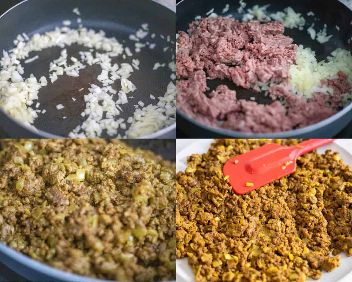 cook ground beef with onions on medium heat with seasoning in ½ teaspoon vegetable oil and cool down completely