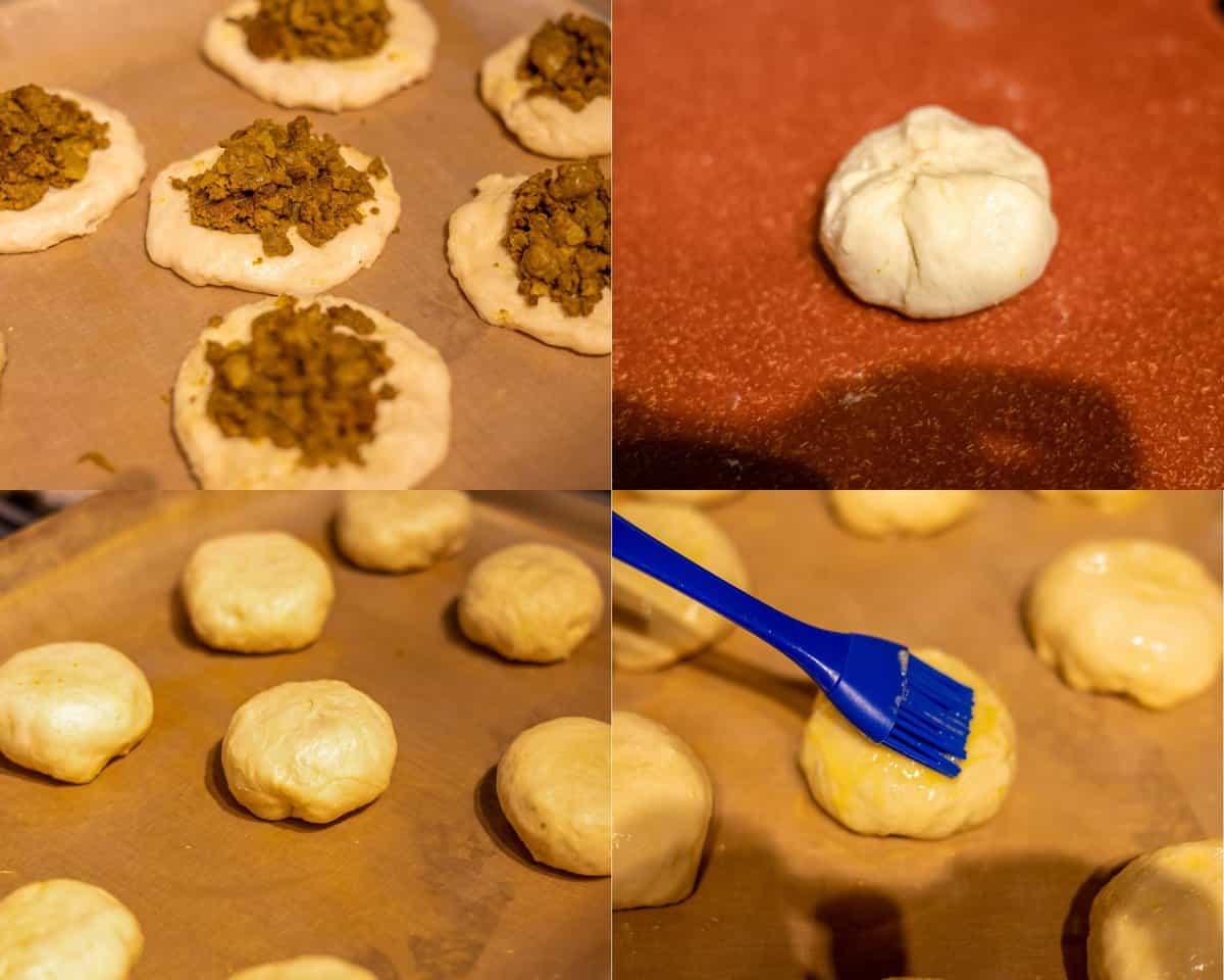 fill buns with curry beef filling and seal the buns