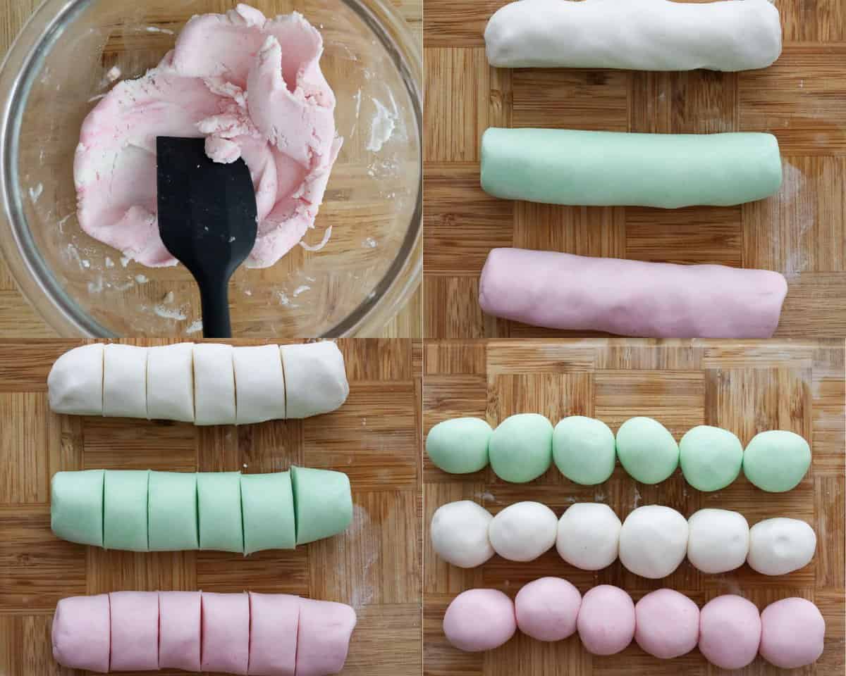 Transfer each portion into three separate bowls. To the first bowl, add 1 drop of red food coloring and mix into the dough until well combined. Repeat this for the second bowl with green food coloring. Leave the third bowl as is so it's white. Roll each piece of dough into a 1 inch thick log. Cut each log into 6 equal pieces. Roll each piece into a small ball. You should have 18 balls in total.