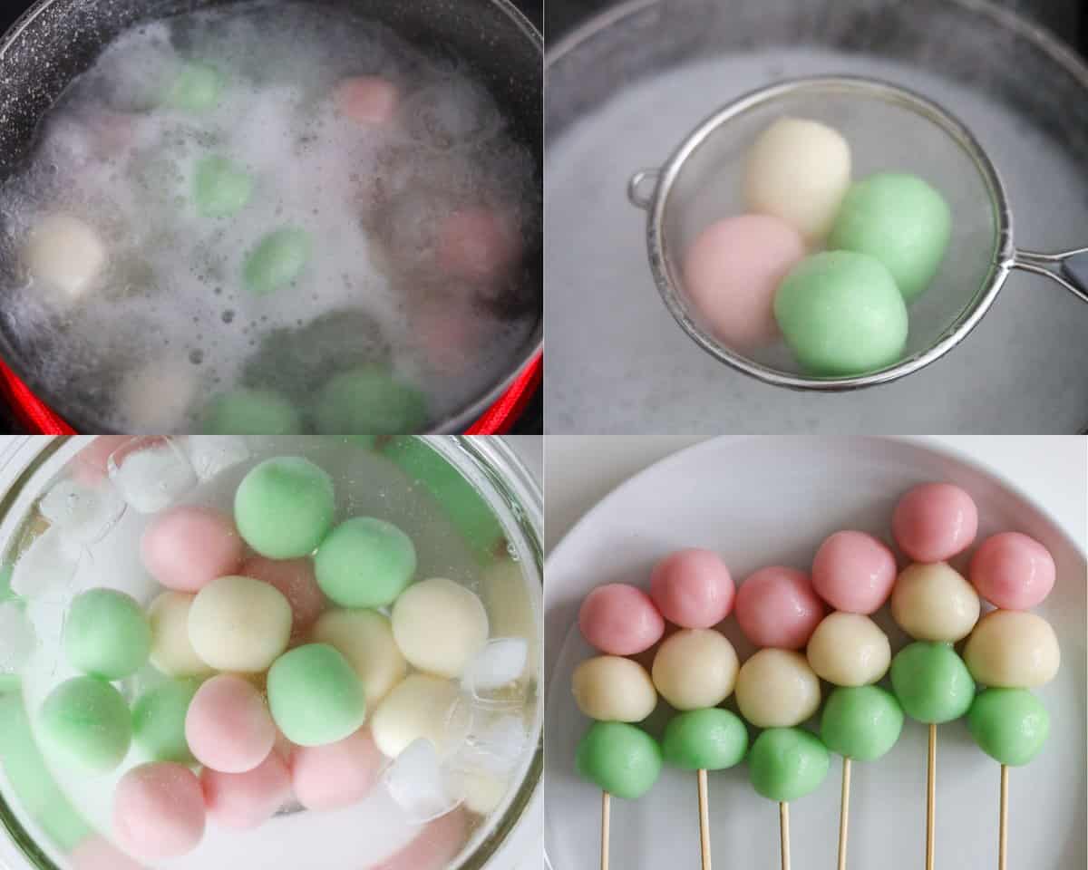 Bring a medium size pot of water to boil and reduce to medium high heat. Give each ball a quick roll before lowering into the hot water and stir occasionally so they don't stick to the bottom of the pot. Boil for 7-8 minutes until they float and until the inside is cooked. Remove the rice balls with a slotted spoon and transfer into an ice bath. Once they are cool to touch, skewer 1 of each colour onto your stick starting with the green, then white and lastly pink. There should be 3 balls per stick. Enjoy warm or at room temperature.