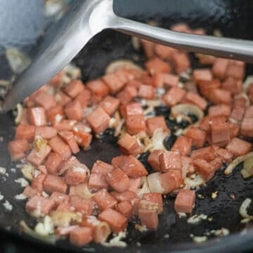 fry shallot garlic and spam for 3 minutes