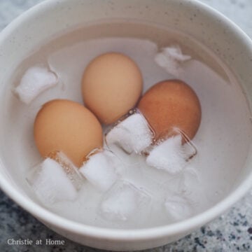 Prepare an ice bath for your eggs. Once the eggs are cooked, remove and transfer to ice bath to stop the cooking process.