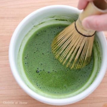 In a small matcha bowl or measuring cup with a lip, sift matcha powder into it. Then add hot boiling water. Whisk together matcha powder and hot boiling water until frothy, about 30 seconds. Set aside.