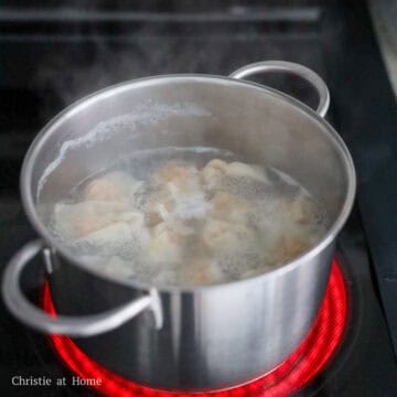 In the same pot with filled with enough fresh water, bring it to a boil on high heat. Reduce to medium heat and boil wontons for 5-7 minutes or until wontons float to the top. Strain and divide between the bowls.