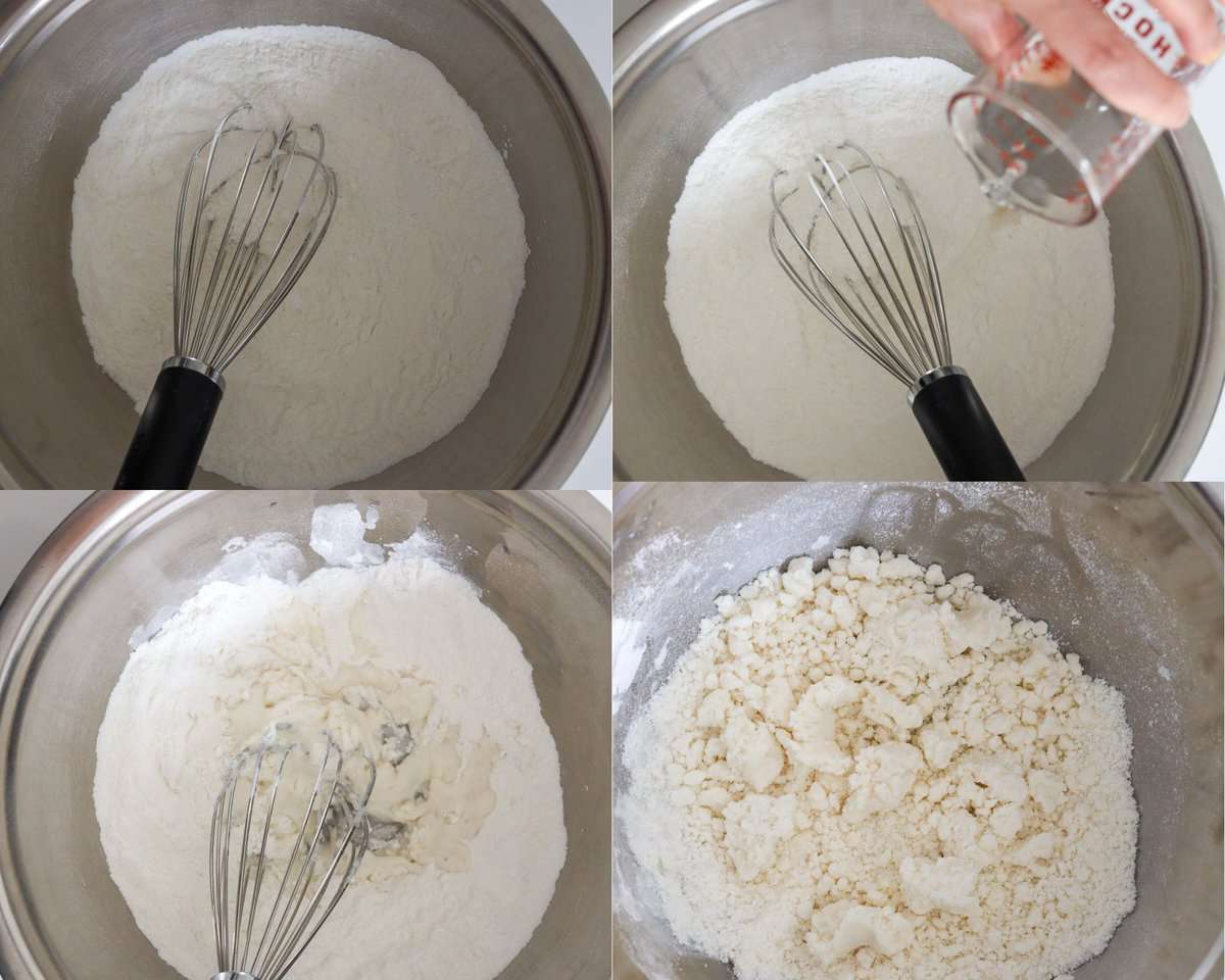 In a large mixing bowl, whisk together glutinous rice flour, rice flour, icing sugar.
Add hot boiling water to the dry ingredients.
Then whisk together everything together. It's normal for it to look clumpy and dry.