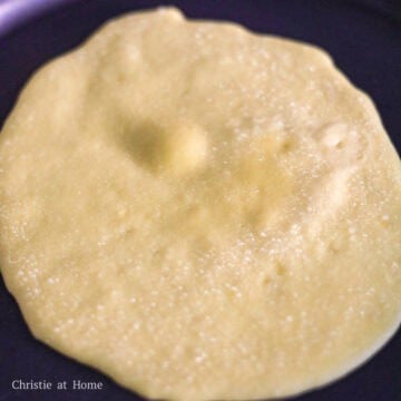 Combine the pancake batter until smooth and fry ¼ cup of the batter on low heat until bubbles form.