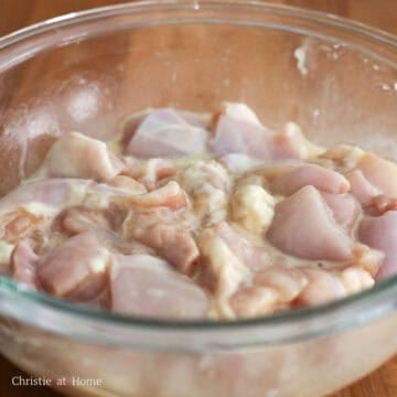 Add the marinade ingredients as listed above to the chicken and mix well. Marinate for 15-20 minutes, but do not exceed this time.