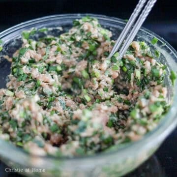 In a large bowl, combine the filling ingredients as listed above and mix in one direction with chopsticks or a fork. Mix very well until the meat is broken down and pasty. Cover and set aside. 