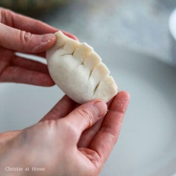 Then fold one side of the wrapper over the filling to create a semi-circle. Seal the edges together, pinch and fold the edge to form a classic dumpling shape. 