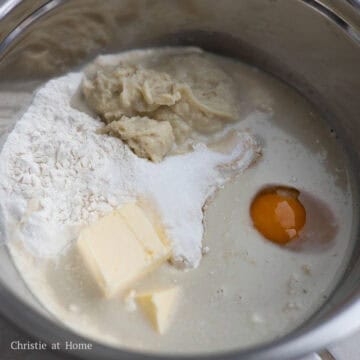 Meanwhile, in a large mixing bowl add bread flour, sugar, salt, and instant yeast and mix well. Then add egg, lukewarm oat milk, butter along with the 155 grams of Tangzhong starter. Mix until everything is incorporated and becomes small sticky ball of dough.