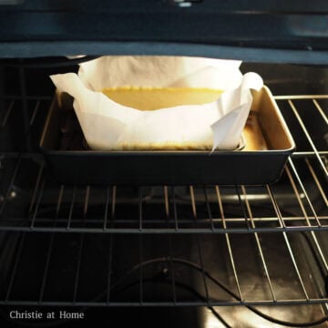 Bake the cake in the middle rack for 85 minutes until you poke it with a toothpick and it comes out clean.