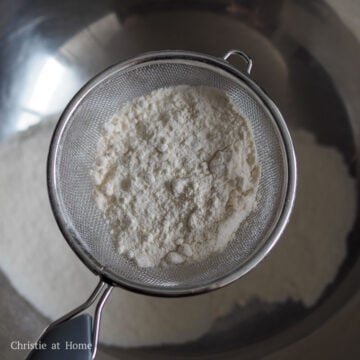 In another large mixing bowl, sift together all-purpose flour and cornstarch. Whisk until well combined. Set aside.