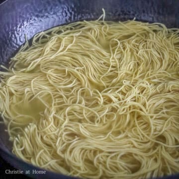 In a large bowl or large pan, soak chow mein noodles in hot boiling water for 10-15 seconds or JUST until loosened. Â Strain the noodles.