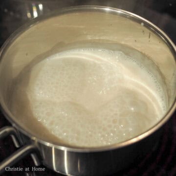 In small pot, add coconut milk with cold water and yellow rock sugar. Bring to a boil on medium-high heat for 5 minutes until sugar has dissolved. Stir occasionally. You’ll know when you no longer see the sugar or hear it rattling in the pot. Turn off heat, transfer the liquid to a heatproof container and store it in the freezer to cool it down.