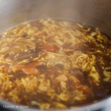 Pour in the beaten eggs while stirring.