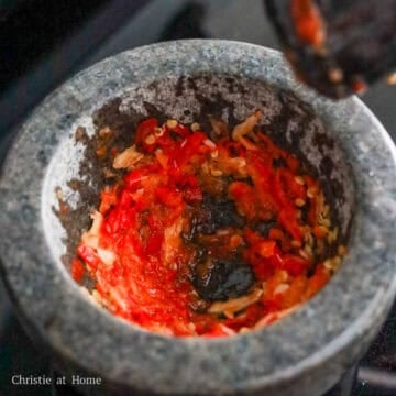 In a mortar and pestle or food processor, pound or grind the red chili and garlic until oils and juices release.