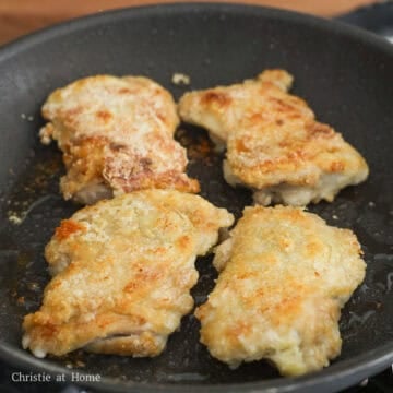 Heat vegetable oil in a large pan on medium heat. Sear the chicken thighs skin-side down until crispy golden brown, about 4-6 minutes. Avoid moving the chicken around so it can form a crust. Flip over and fry on the other side until cooked through and golden brown, about 4-5 minutes. Remove chicken from the pan.