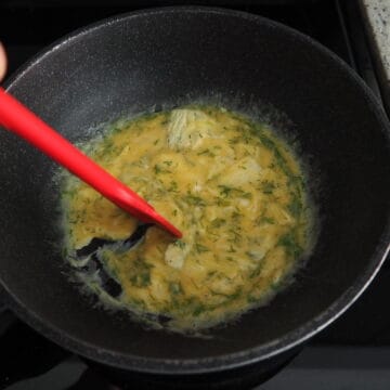 In a non-stick pan set on medium-low heat, heat 1 teaspoon of butter and swirl it around to coat the pan. Once butter has melted, pour in the egg mixture. With a spatula slowly stir eggs until they take shape.