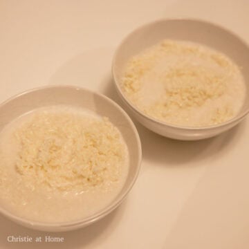In two separate bowls, soak 7.05 oz or 200 grans glutinous rice in each bowl with enough water the night before or 4 hours prior (or the rice will not be soft and sticky after steaming). On the day of cooking, strain out the rice water with a fine sieve. Transfer the rice back into each bowl. Add instructed amounts of coconut milk, water, salt to each bowl and mix well.