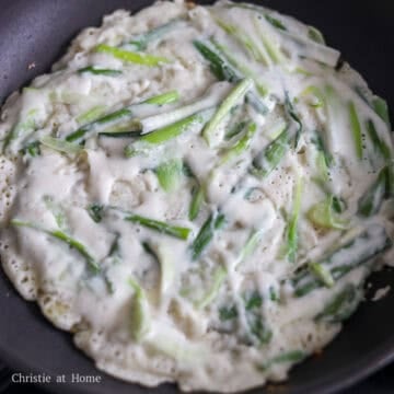 Fry the batter in a large pan with oil on medium-high heat.