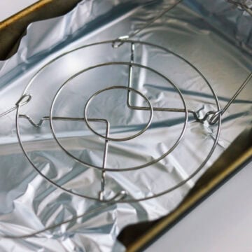Preheat oven to 400 degrees F and line your baking pan with aluminum foil with a small wire rack in the center and fill it ¼ of the way with water