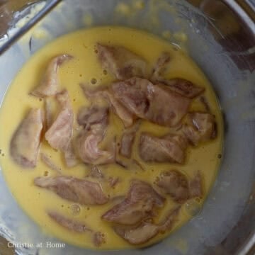 Pat your pork loins dry with paper towel. Slice your pork into bite size pieces and add pork pieces to batter. Mix until each piece is coated in batter. Note: The batter will naturally solidify when left undisturbed. This is totally normal so don't panic! When you re-mix the batter, it'll loosen up again.