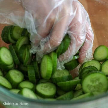Trim and remove the cucumber ends. Thinly slice cucumbers into ¼-inch-thick rounds. Transfer them to a large mixing bowl and massage the salt into the cucumbers. Rest for 10 minutes for the salt to pull out excess water from the cucumbers to make them crunchier.