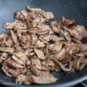 Cook beef on medium-high heat until cooked and slightly browned.